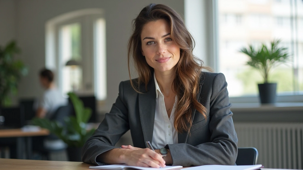 Zelfverzekerde vrouw in professioneel pak zit aan bureau met aantekeningen
