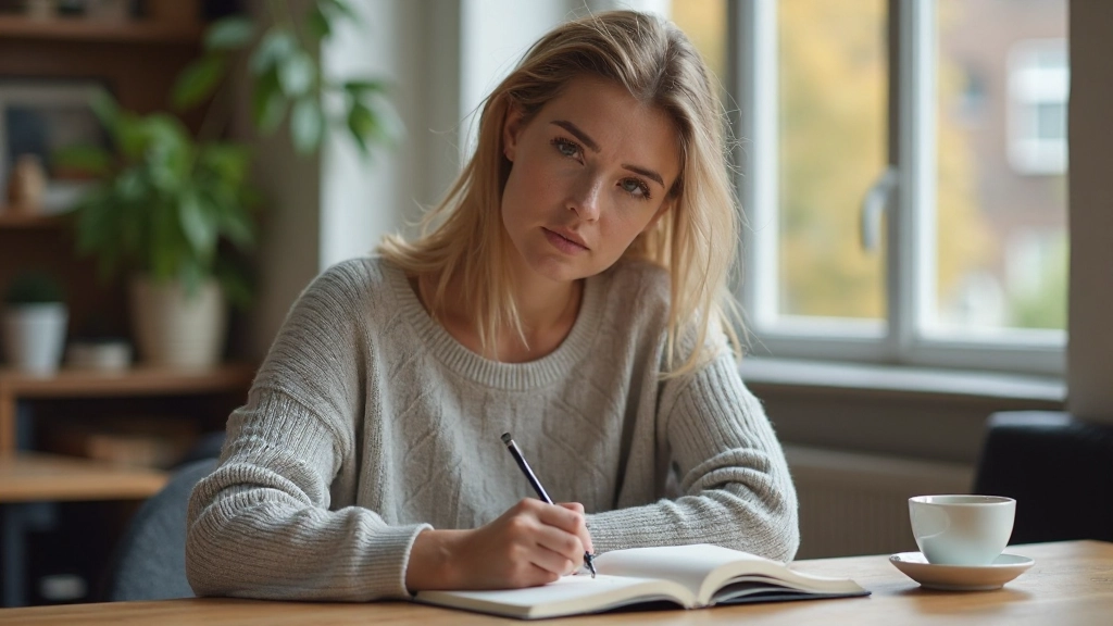 Vrouw zit aan tafel en maakt aantekeningen in een notitieboek met een kopje thee ernaast
