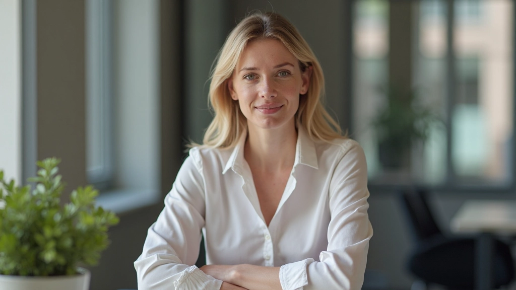 Vrouw zittend aan een tafel met goed oogcontact en ontspannen houding, professionele kantooromgeving met zachte verlichting