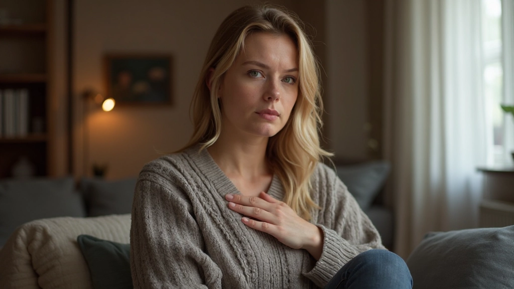 Vrouw zit rustig met hand op borst in gezellige thuisomgeving